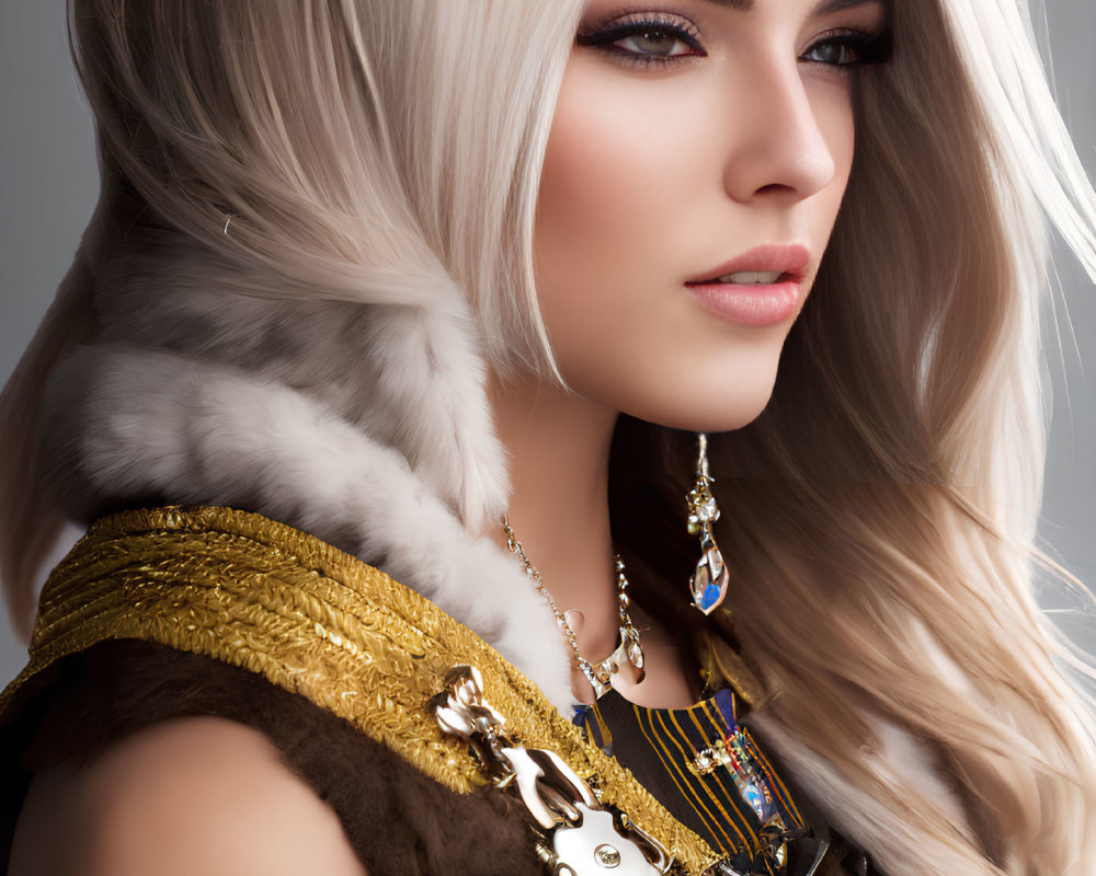 Blonde woman portrait in fur collar and golden attire