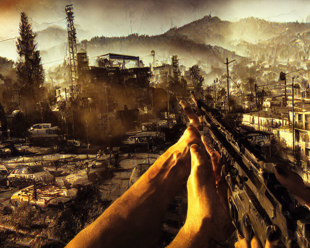 Person holding rifle overlooking rundown urban area with damaged buildings and hills.