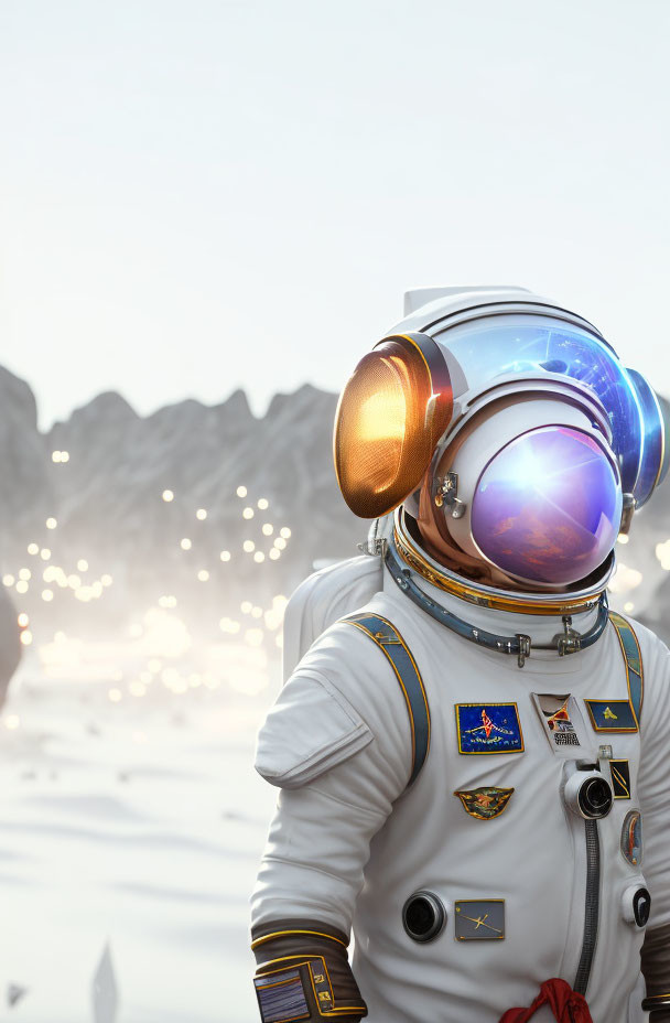 Detailed white space suit astronaut against rocky extraterrestrial backdrop