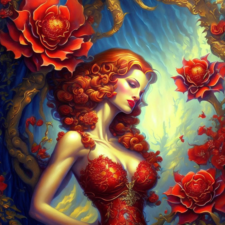 Fantastical portrait of a red-haired woman in rose-adorned dress amid blue and gold floral