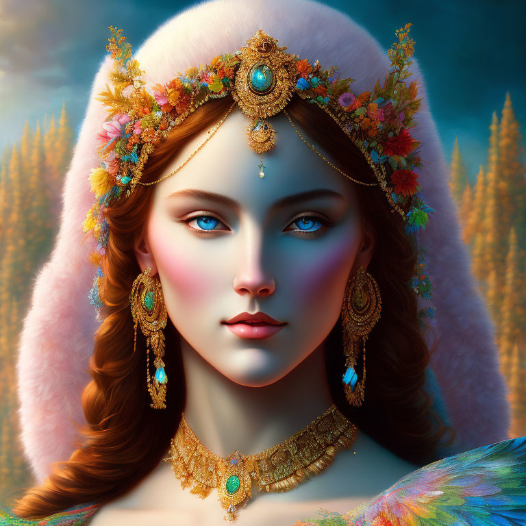 Detailed digital portrait of woman with autumn forest backdrop and ornate headdress, fur, and golden attire