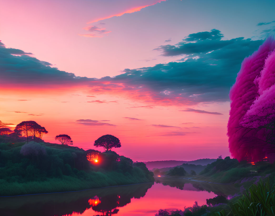 Pink and Purple Sunset Reflection on River with Tree Silhouettes