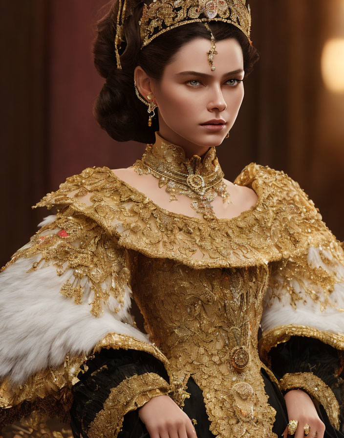 Regal woman in gold royal attire with crown and fur shoulders