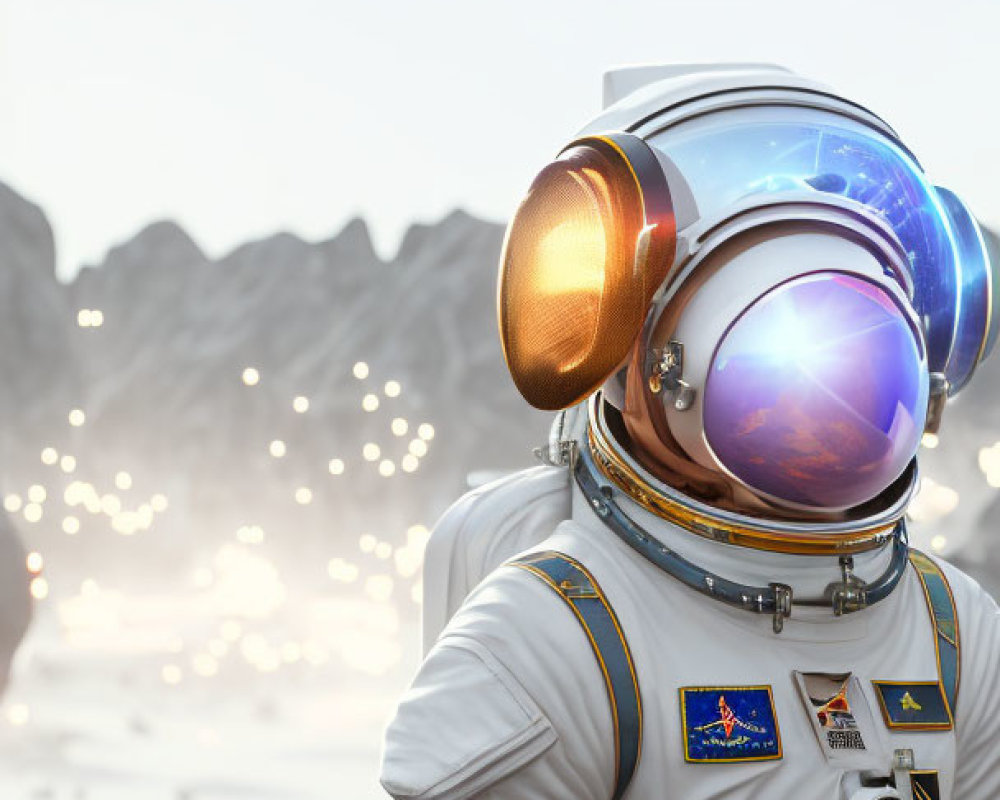 Detailed white space suit astronaut against rocky extraterrestrial backdrop