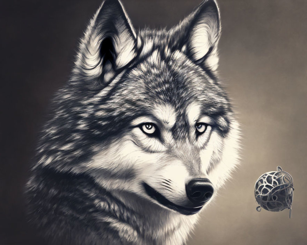 Detailed black and white wolf illustration with textured fur and intense gaze