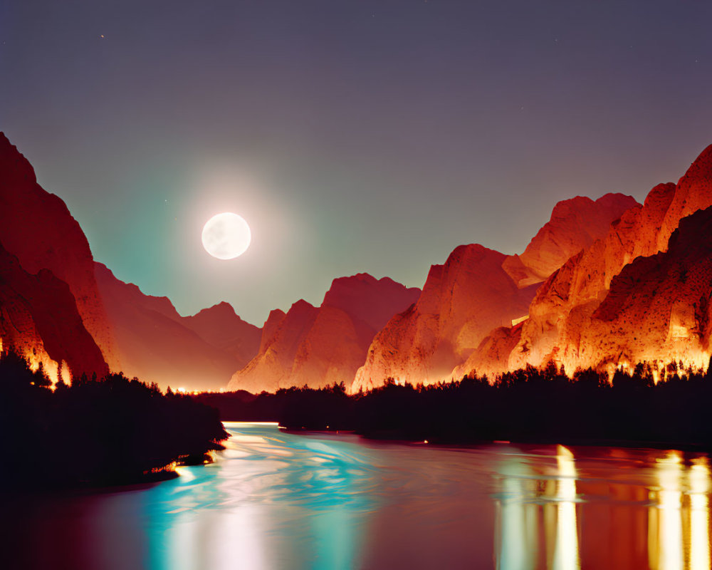 Full Moon Illuminates Mountainous Night Scene