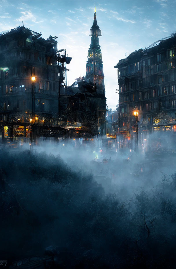 Blue-toned cityscape at dusk with clock tower and fog-covered streets