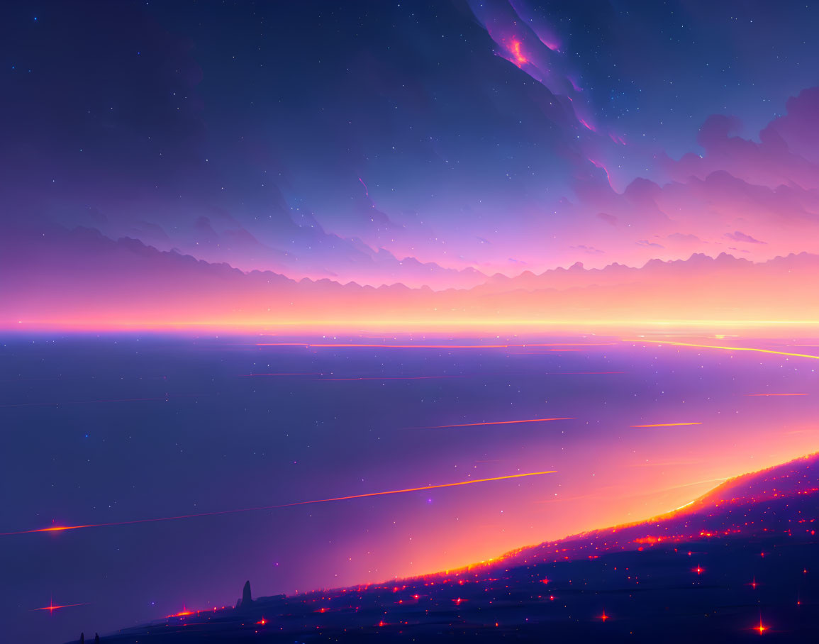 Surreal landscape with purple and blue twilight sky, shooting stars, glowing horizon lines, and eth