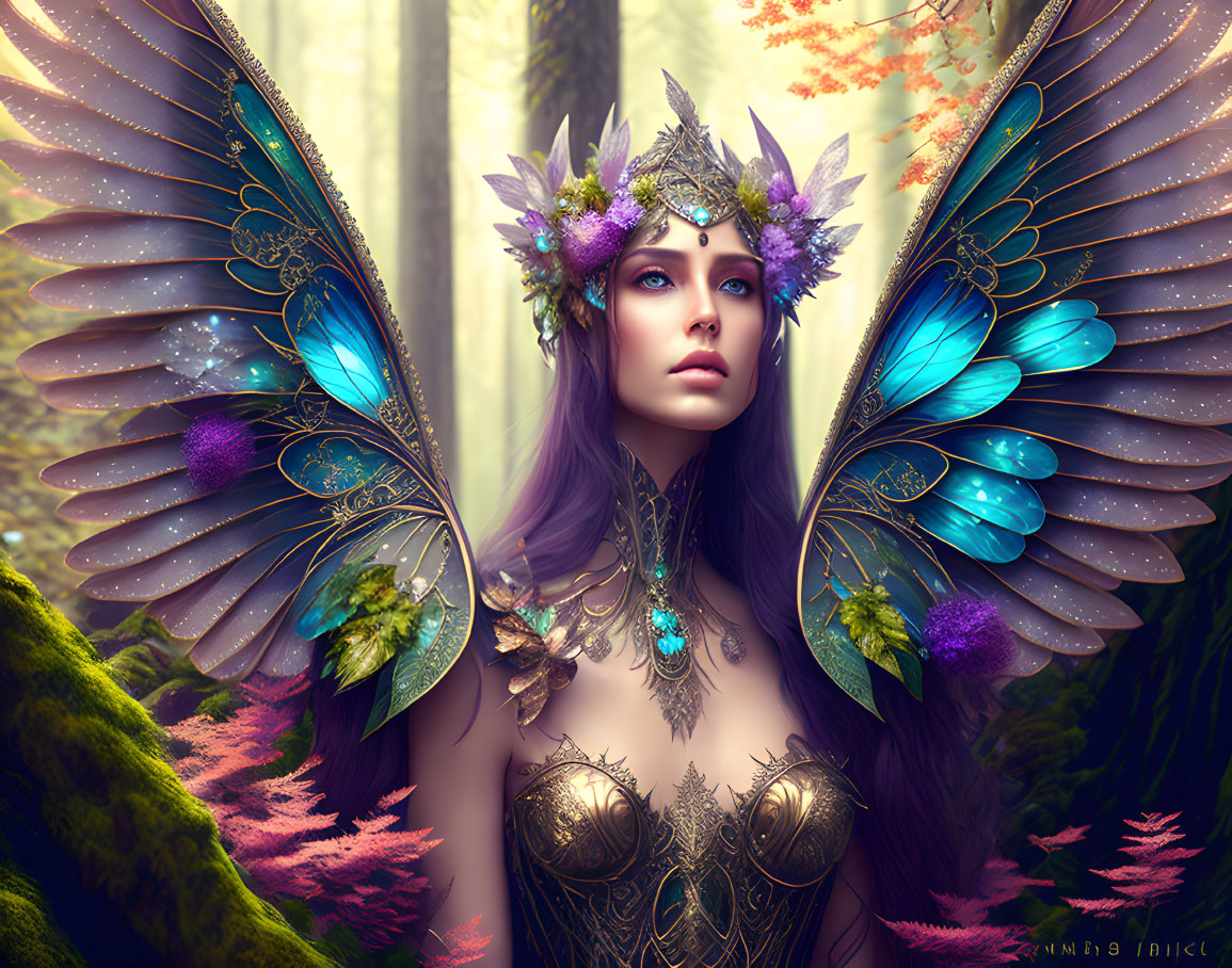 Fantasy illustration: Woman with blue butterfly wings in enchanted forest