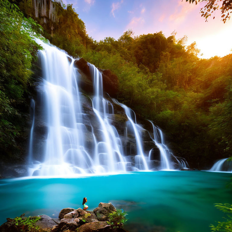 Tranquil scene: person by turquoise pool under cascading waterfall