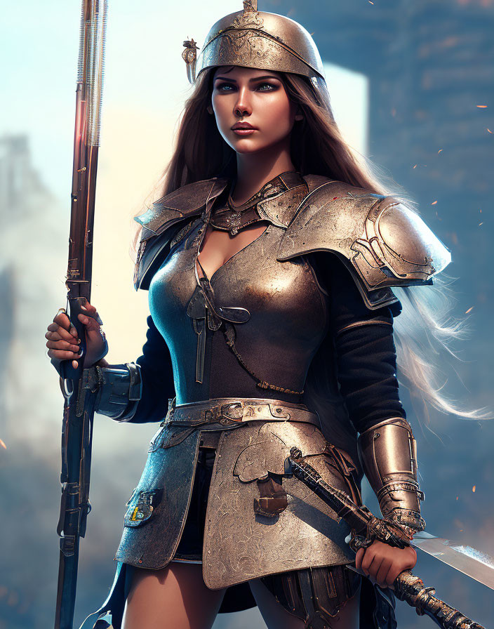 Detailed Medieval Armor Woman Holding Spear in Fantasy Setting