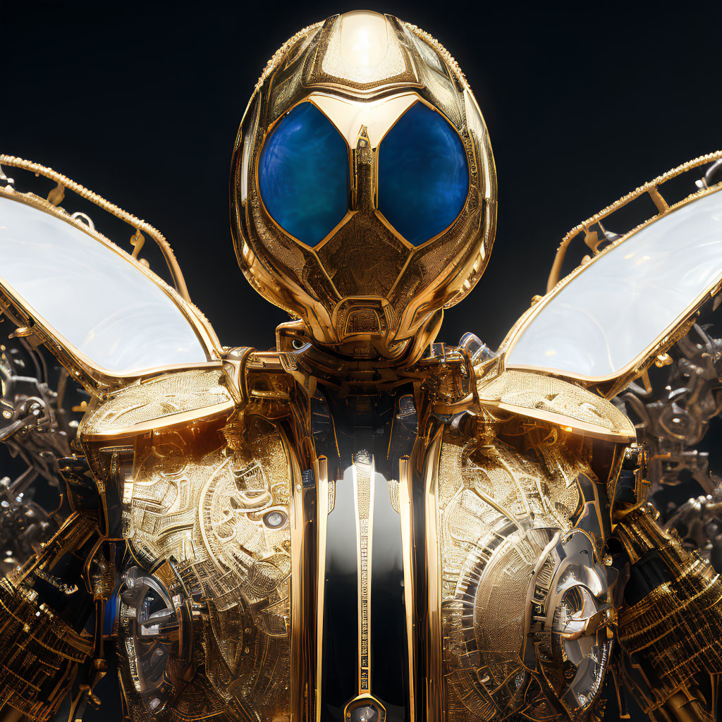 Detailed Gold Mechanical Bee with Blue Eyes and Translucent Wings on Dark Background