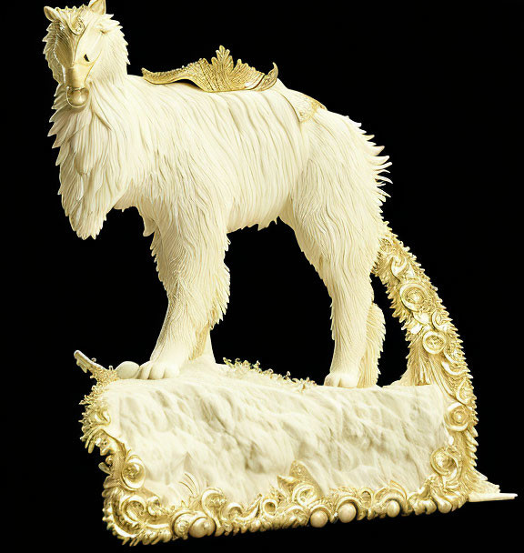 Regal white and gold lion sculpture with ornate decorations on black background