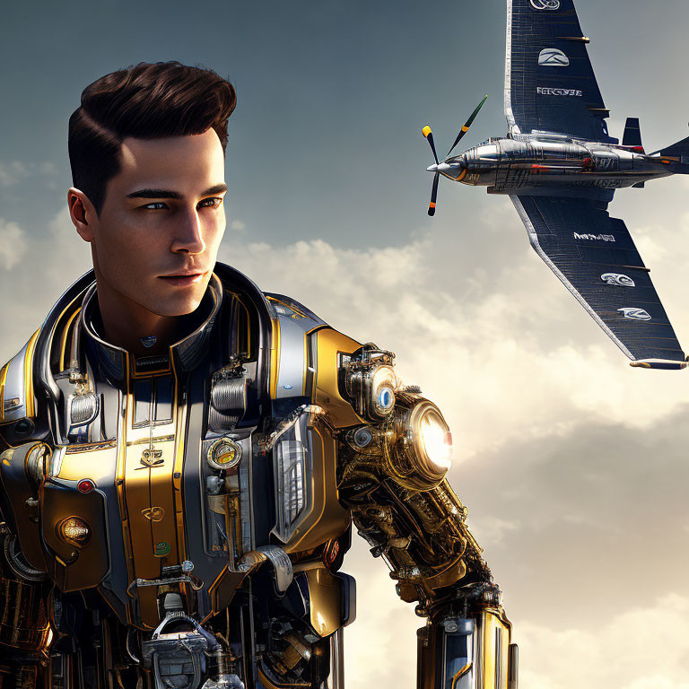 Detailed futuristic male figure in high-tech exosuit with drone aircraft in sky.