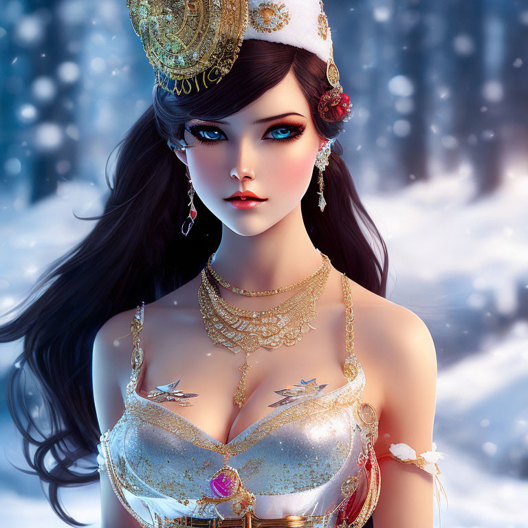 Illustrated female character with blue eyes, golden crown, and snowy backdrop