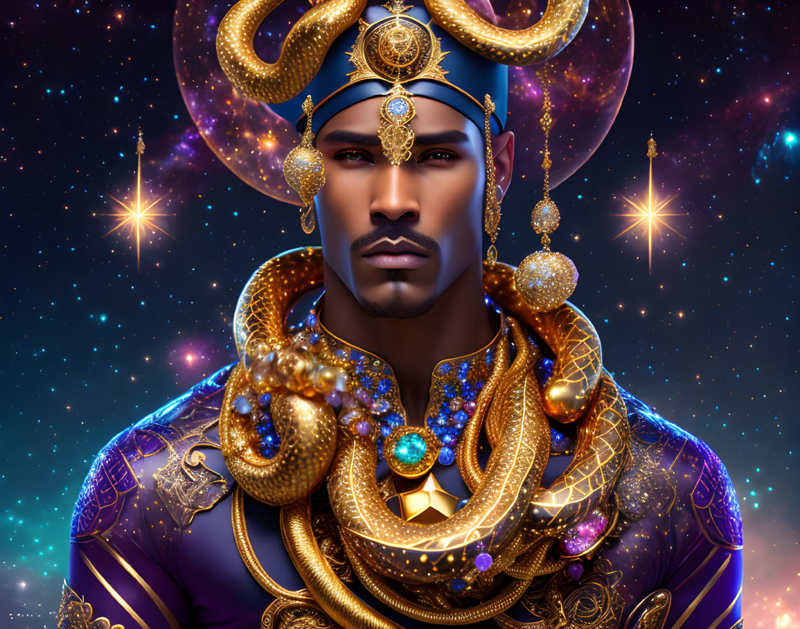 Regal man in gold jewelry against cosmic backdrop