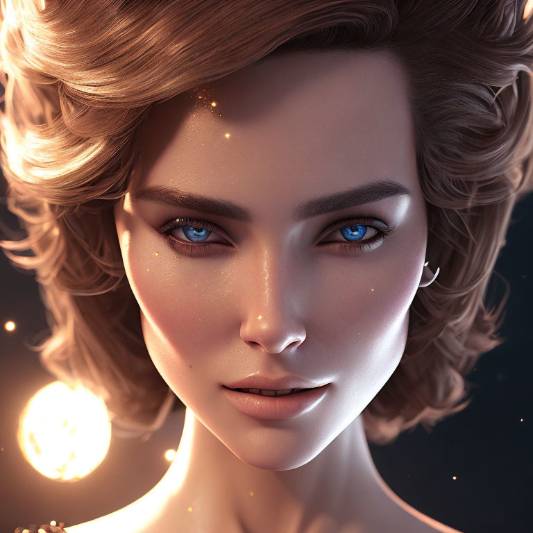 3D-rendered female face with blue eyes and celestial motifs on dark space backdrop