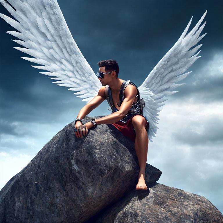 Person with Large White Angel Wings Sitting on Rock Against Stormy Sky