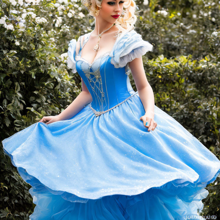 Person in Blue Princess Dress Poses Among White Flowers