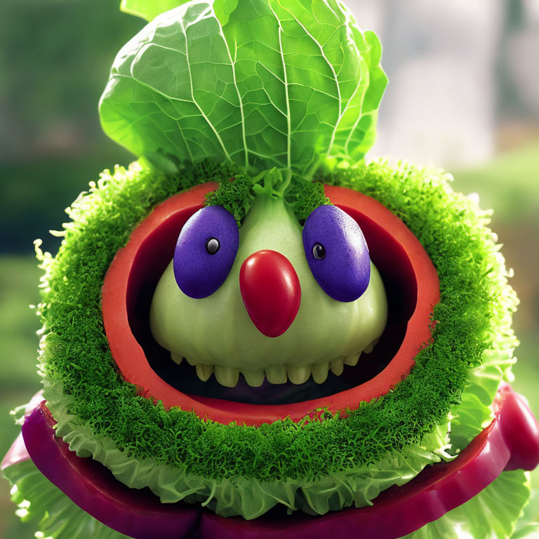 Vegetable face with lettuce hair, red pepper mouth, olive nose, and grape eyes