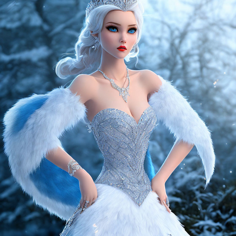 Elegant fair-skinned woman in icy blue gown with white hair