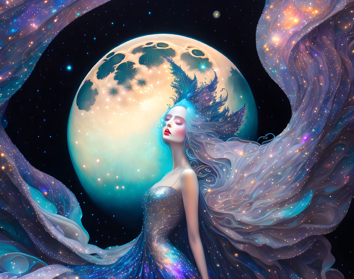 Fantastical illustration of woman with flowing hair and gown against cosmic backdrop