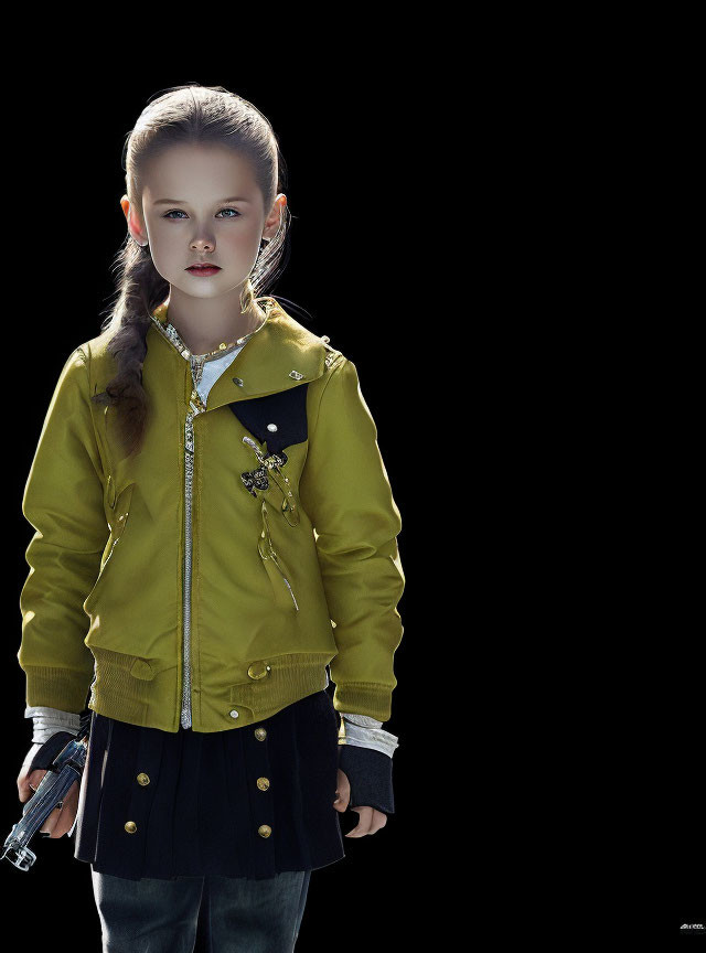 Young girl in green bomber jacket and ponytail against dark background