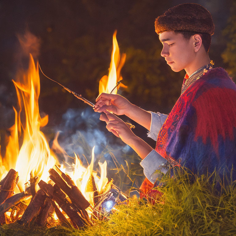 Person in traditional attire by campfire at night with fur hat holding stick