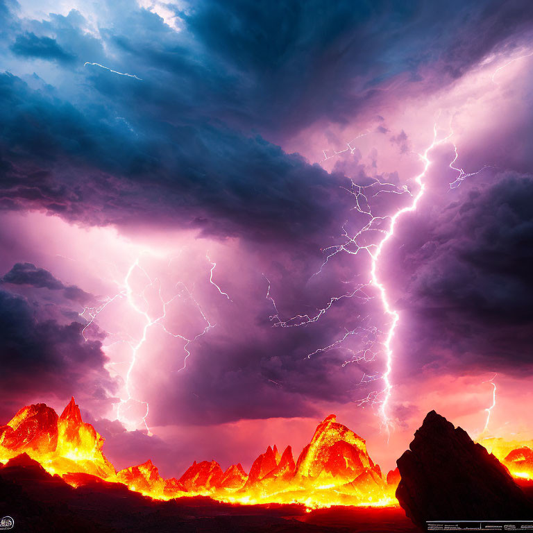 Vibrant lightning bolts strike fiery red mountain peaks under a tumultuous dark sky