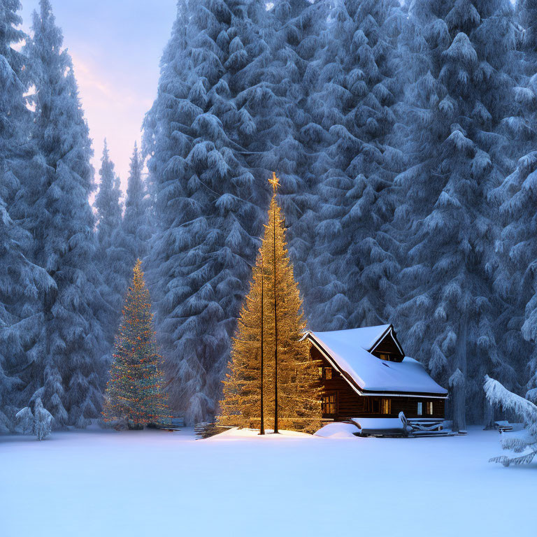 Snowy pine forest cabin with Christmas trees at twilight