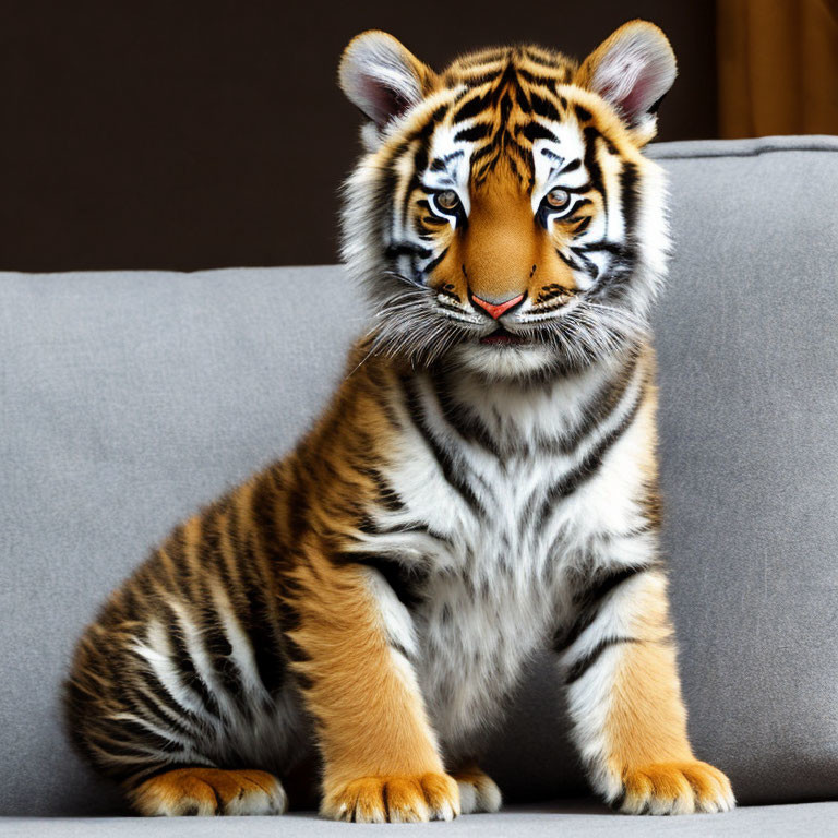 Young Tiger Cub Sitting Upright on Grey Couch