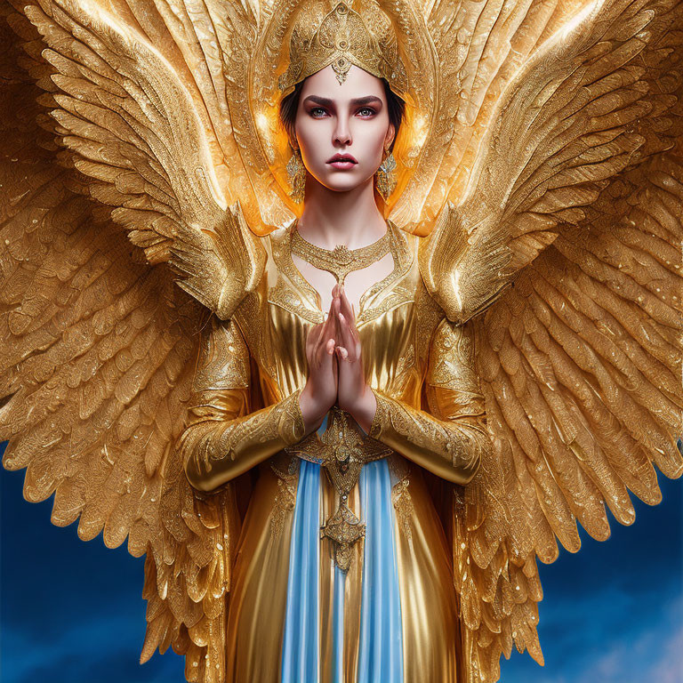 Ornate gold headpiece and wings on person in prayerful pose against blue sky