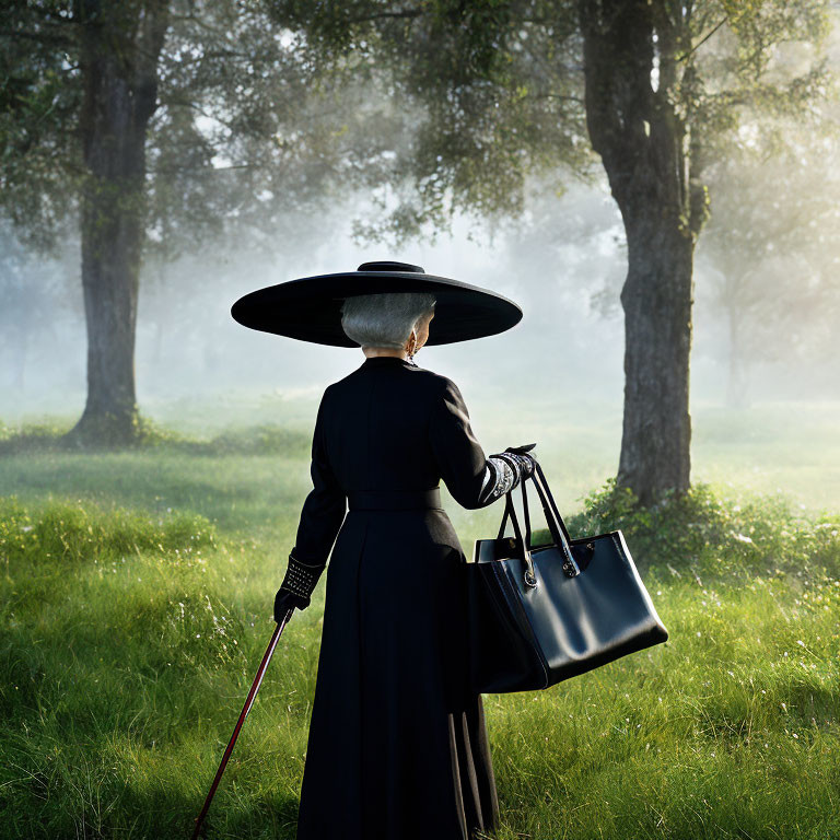 Stylish figure in wide-brimmed hat and black attire with bag and cane in misty