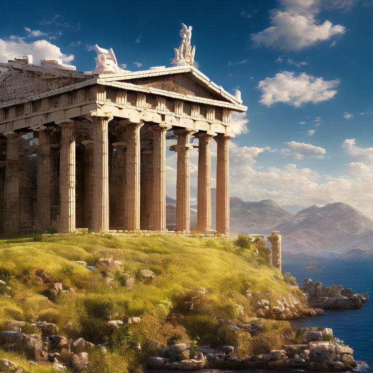 Ancient Doric columns of the Parthenon on Acropolis hill with serene sea and mountain landscape