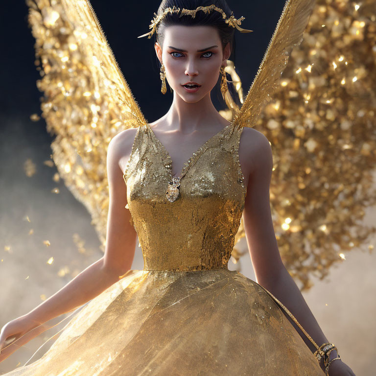 Fantastical Female Figure with Blue Eyes and Translucent Wings in Golden Attire