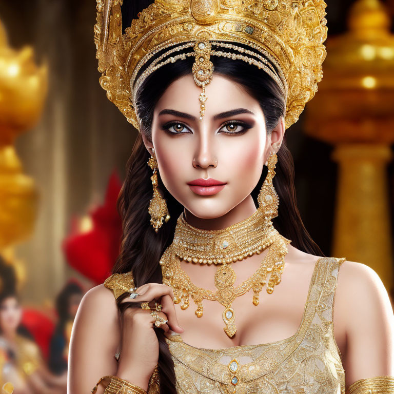 Elaborately adorned woman in gold jewelry and traditional headgear