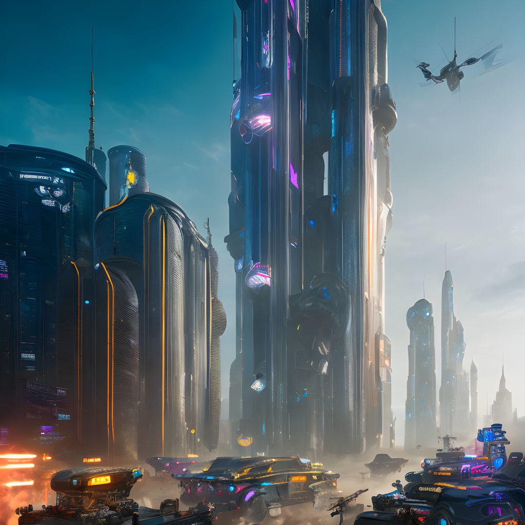 Futuristic cityscape: towering skyscrapers, neon lights, flying vehicles