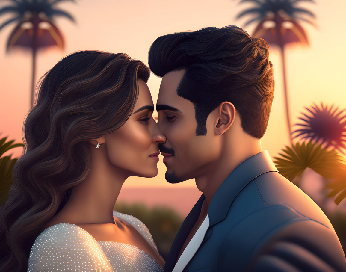 Illustrated Couple in Formal Attire Sharing Intimate Moment at Sunset