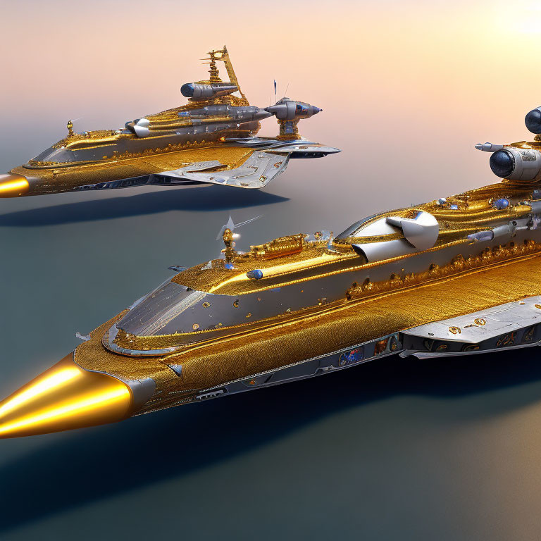 Futuristic golden spaceships with intricate details on reflective surface