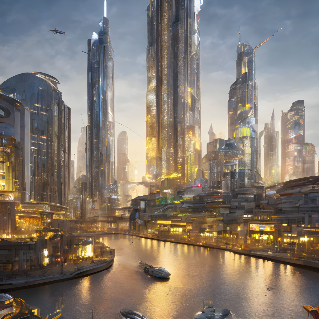 Futuristic cityscape at sunset with skyscrapers, flying vehicles, and waterways