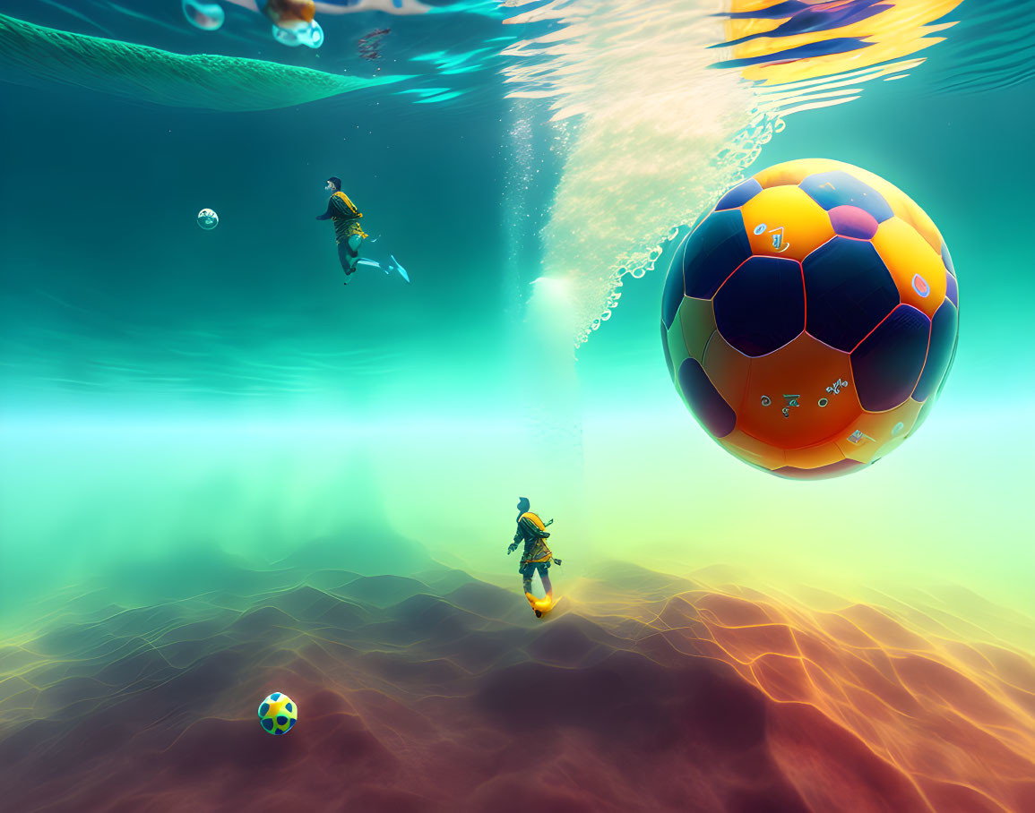 Colorful Underwater Scene with Scuba Divers and Soccer Balls