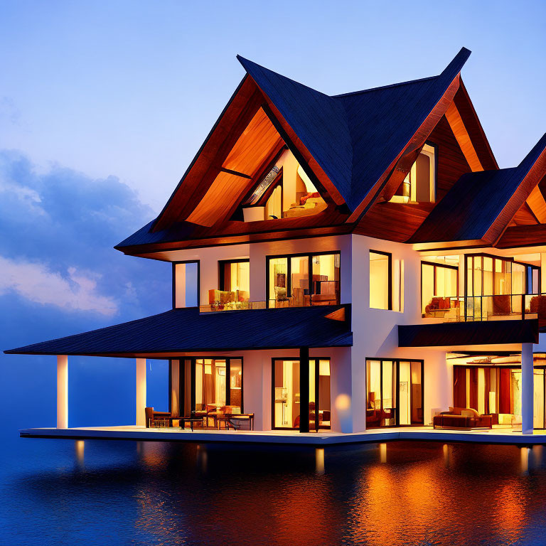 Contemporary waterfront house with large windows and dark roof at twilight