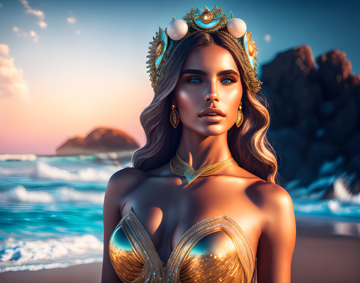 Digital art portrait of woman with golden crown and jewelry against beach sunset