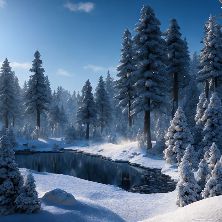 Snow-covered pine trees and frozen lake in serene winter landscape