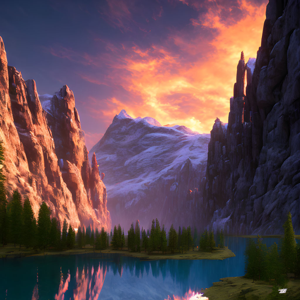 Tranquil mountain sunset scene with pink and orange sky reflected in blue lake