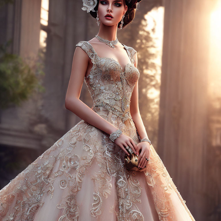 Luxurious Beaded Gown on Elegant Woman with Sophisticated Jewelry