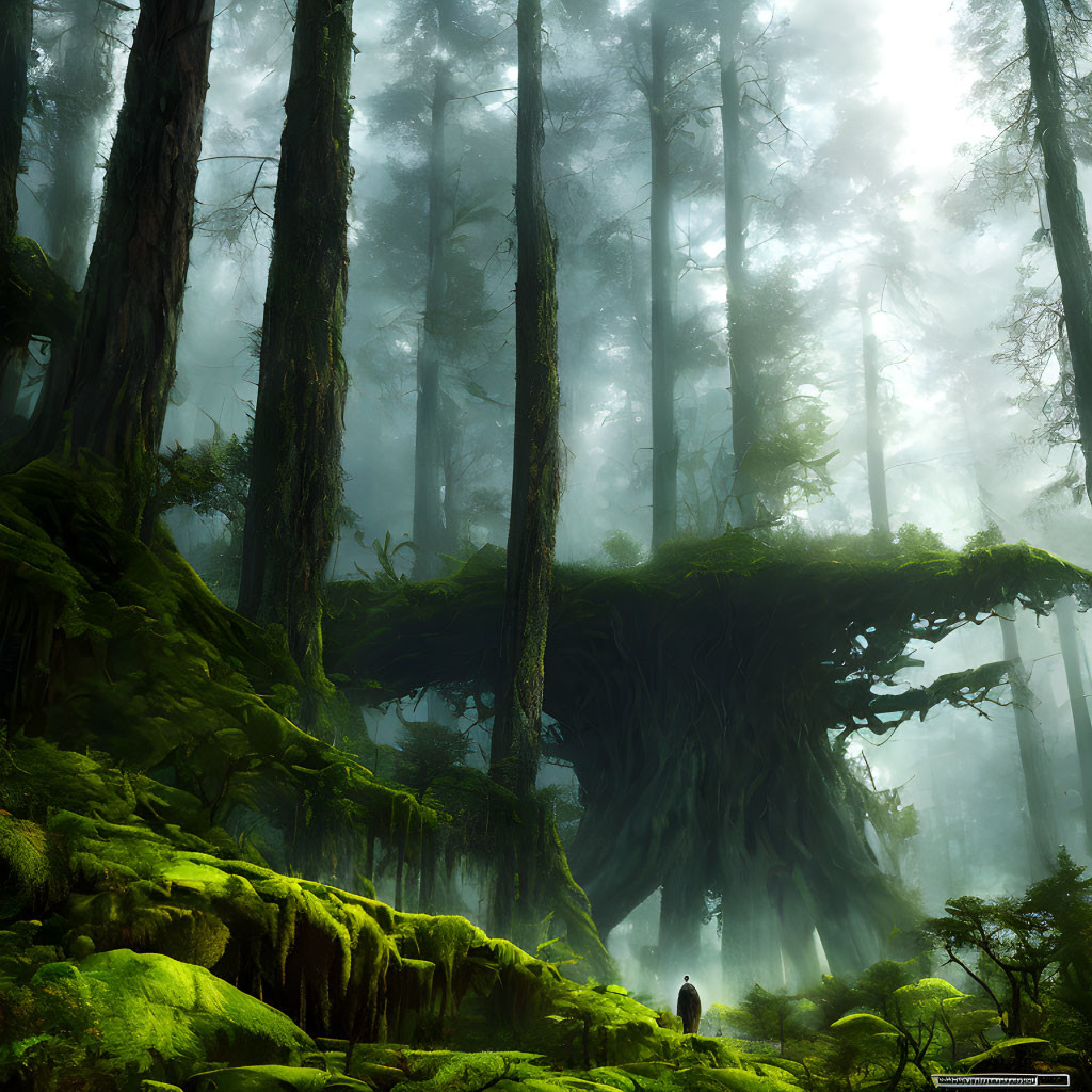 Person standing in misty lush green forest with towering trees and moss-covered roots