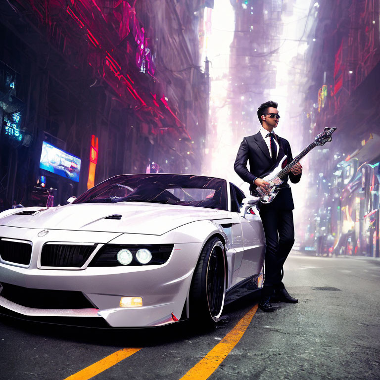 Man in suit with electric guitar by white sports car on neon-lit street