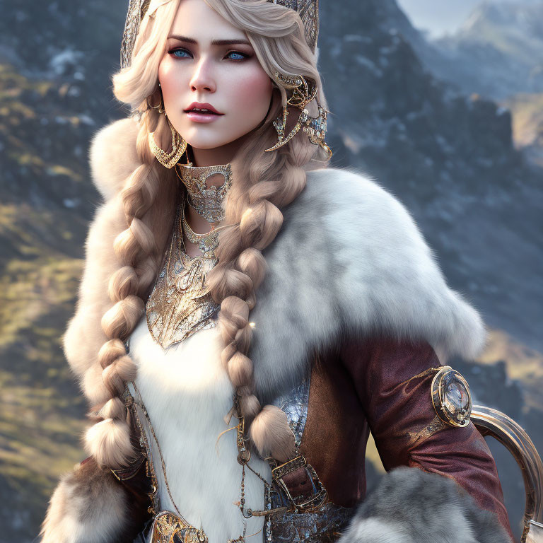 Blonde woman in fur and gold jewelry against mountain backdrop