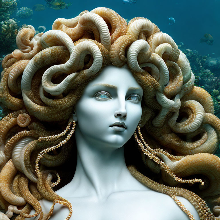 Surreal portrait of woman with pale blue skin and octopus-like hair underwater